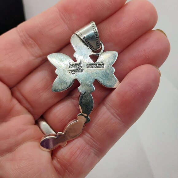 Large Dragonfly Pendant Orange Spiny Oyster Shell Sterling Silver - Picture 4 of 6